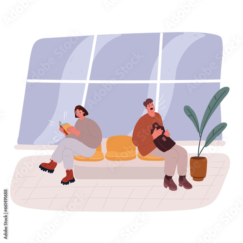 Vector illustration of people waiting in hospital reception lobby to attend medical appointment with general practitioner. Patients in waiting room lobby sitting at healthcare clinic.