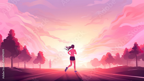 illustration of young beautiful woman running at nature at sunset  in style of pink cartoon