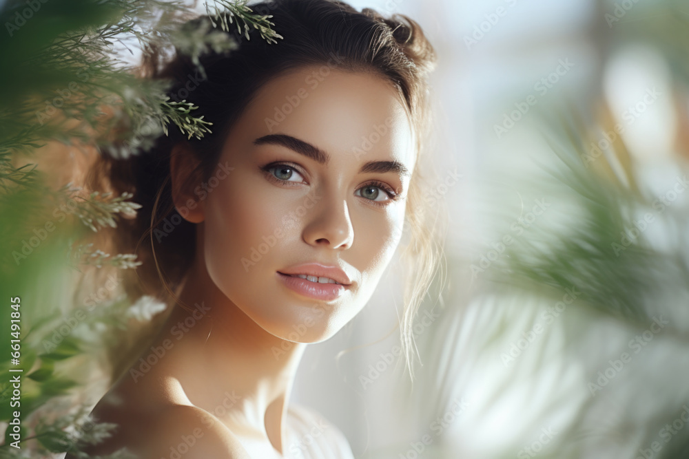 Portrait of a lovely mysterious brunette against a background of plants. Concept of natural beauty. Portrait of a lovely mysterious brunette against a background of plants. Concept of natural beauty.