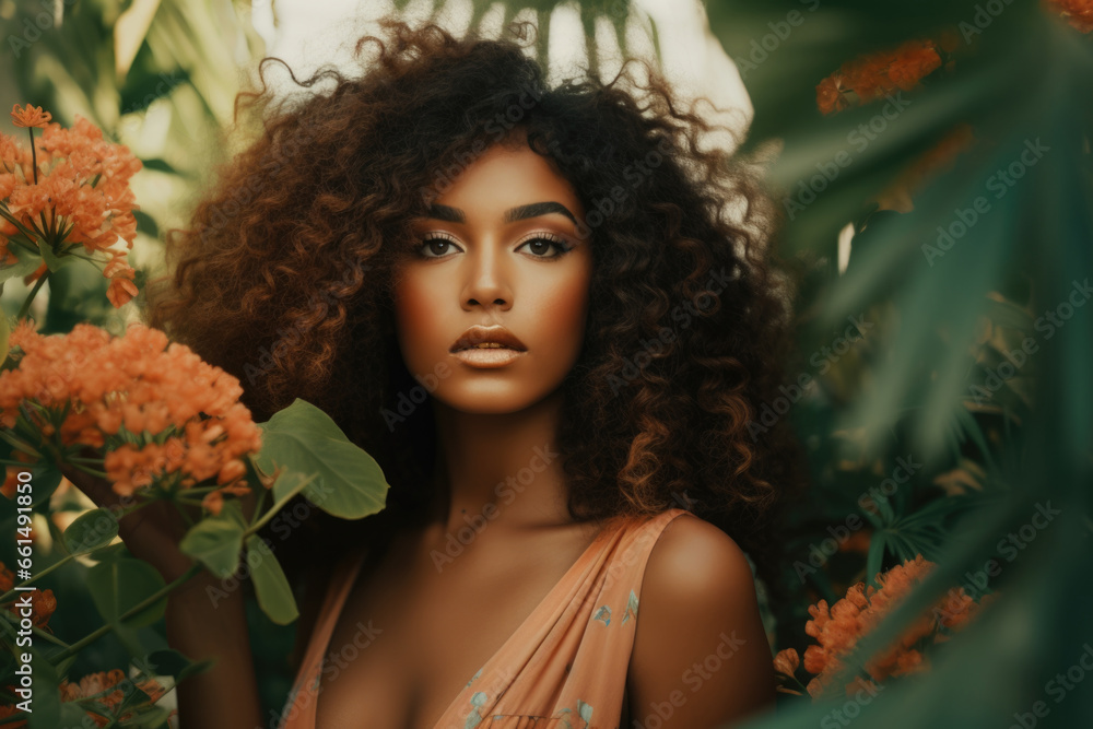 Portrait of a lovely mysterious African American woman in an orange dress against a background of orange flowers. Portrait of a lovely mysterious African American woman in an orange dress against a background of orange flowers.