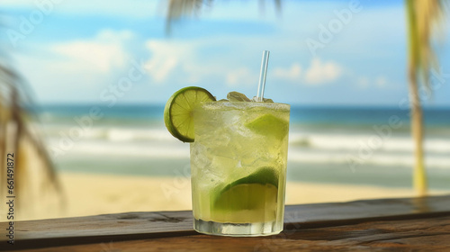 Brazilian caipirinha made with cachaça a blurred beach background