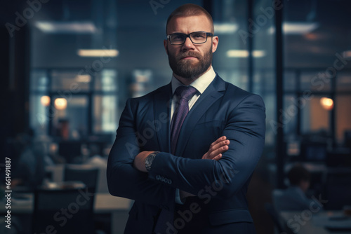 Portrait of a brutal male manager in a blue business suit against a dark office background. © Владимир Солдатов