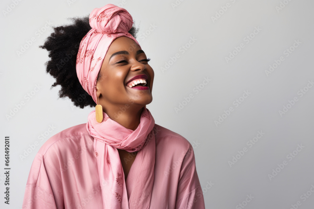 Portrait of a laughing African American woman with in pink fancy clothes with a tied pink scarf on her head on a gray background. Portrait of a laughing African American woman with in pink fancy clothes with a tied pink scarf on her head on a gray background.