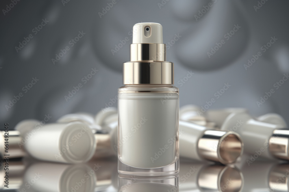 White cosmetic spray bottle standing in front of other fallen cosmetic bottles. White cosmetic spray bottle standing in front of other fallen cosmetic bottles.