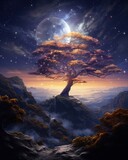 An artistic painting featuring trees and stars. Generative AI