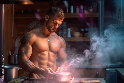 Sexy handsome muscular shirtless young chef cooks in the kitchen, cooking food in a restaurant over an open fire