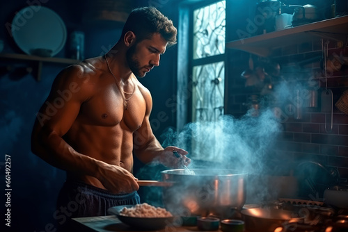 Sexy handsome muscular shirtless young chef cooks in the kitchen, cooking food in a restaurant over an open fire