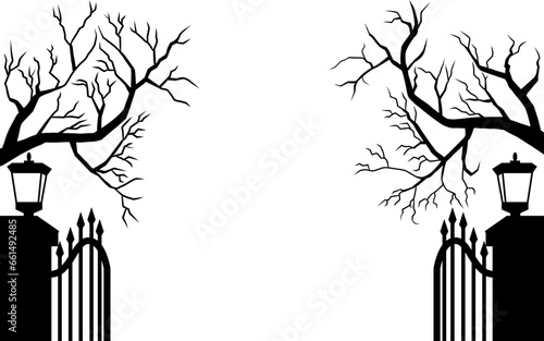 Halloween silhouette background with trees, tombstones, Cemetery in forest.