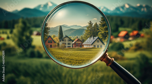 magnifying glass with a house in front, house searching concept