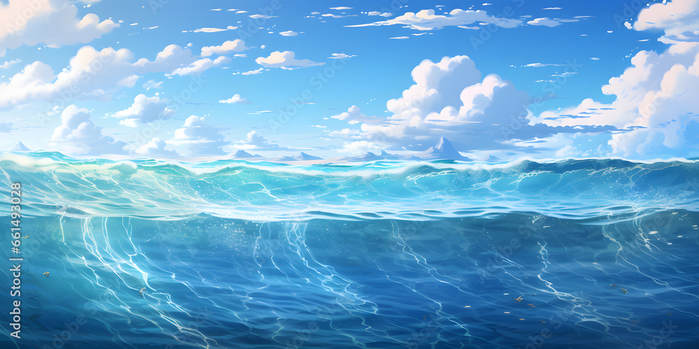 Ocean in blue and white in the style of anime art 