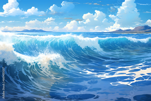 Ocean in blue and white in the style of anime art 