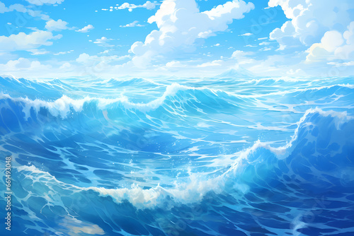 Ocean in blue and white in the style of anime art  © Oksana