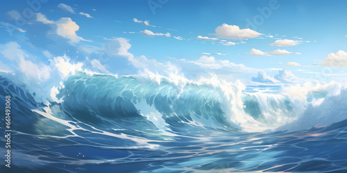 Ocean in blue and white in the style of anime art 