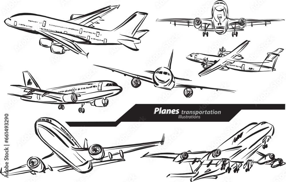 plane transport set collection doodle design drawing vector illustration plane transport set collection doodle design drawing vector illustration
