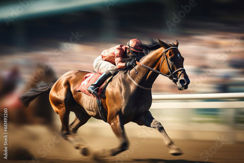 horse racing on a hippodrome, generative ai. the horse gallops at speed.