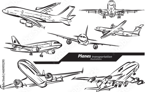 plane transport set collection doodle design drawing vector illustration