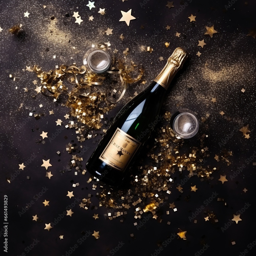 Fototapeta premium Evoke the festive spirit with this top view of a champagne bottle enveloped by glistening stars and playful streamers, curating a vibrant flat lay with empty space for Christmas or New Year