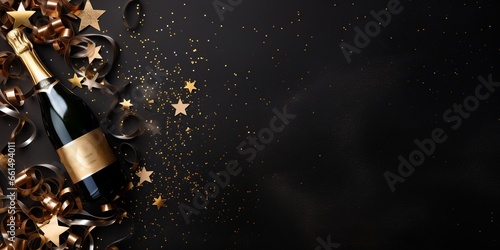 Evoke the festive spirit with this top view of a champagne bottle enveloped by glistening stars and playful streamers, curating a vibrant flat lay with empty space for Christmas or New Year