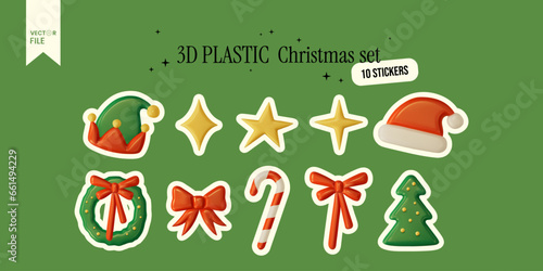 Vector illustration - Set of groovy Christmas stickers. 10 Plastic Elements In 3D Style. Trendy shapes - Stars, Christmas tree, Bows, Santa hat, Elf hat, Christmas candy cane.
