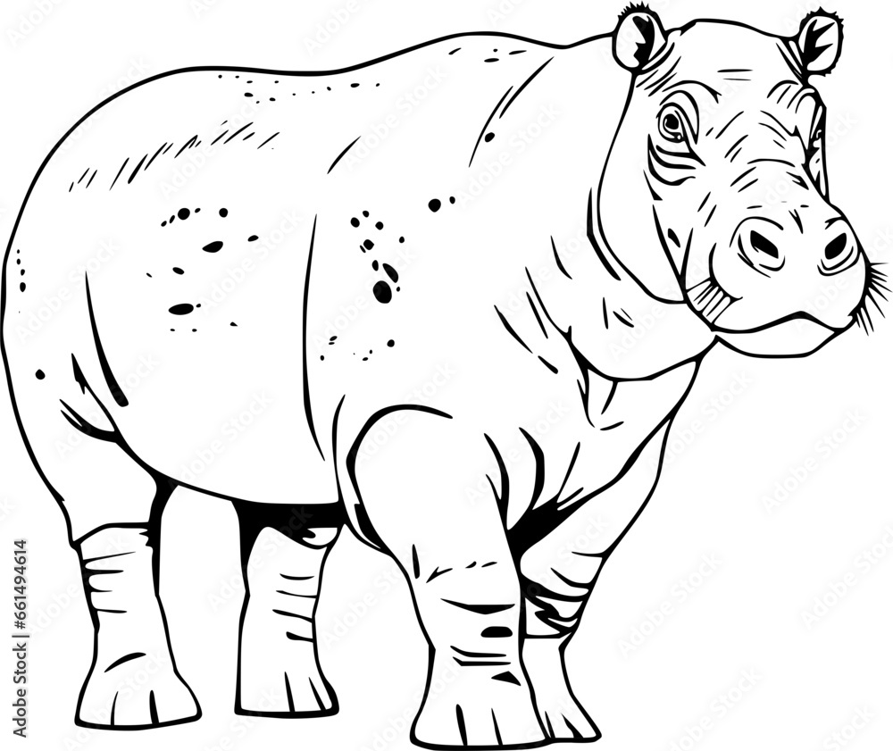 Hippopotamus Hand Drawn Realistic Detailed Coloring Book Animal Illustrations