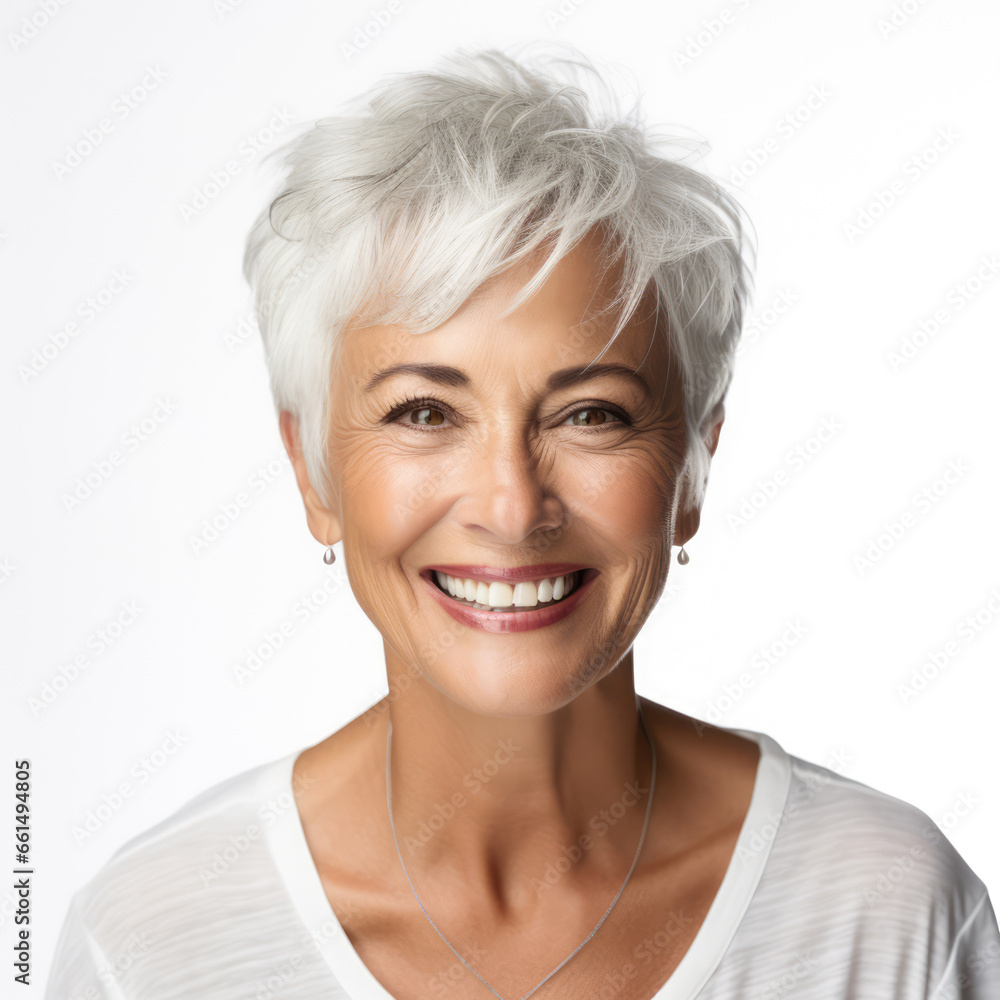 a closeup photo portrait of a beautiful elderly senior model woman with grey hair smiling with clean teeth. used for a dental ad. isolated on white background a closeup photo portrait of a beautiful elderly senior model woman with grey hair smiling with clean teeth. used for a dental ad. isolated on white background