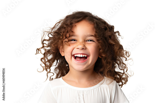 Studio portrait of a cute happy little girl with a beautiful smile isolated on transparent png background.