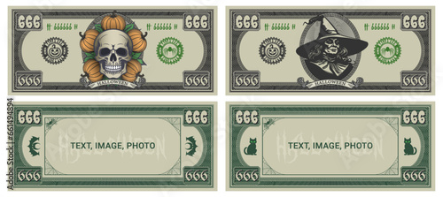 Vector obverse of the banknote. Halloween holiday. Denomination of 666 bills with skull, pumpkins and witch. Blank reverse. Inscription, text, image, photo . Sample flyer or tickets.