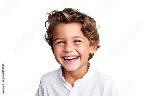 Studio portrait of a cute happy little boy with a beautiful smile isolated on transparent png background.