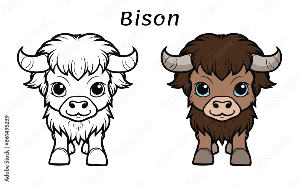 Bison Cute Animal Coloring Book Hand Drawn Illustration for kids Bison Cute Animal Coloring Book Hand Drawn Illustration for kids