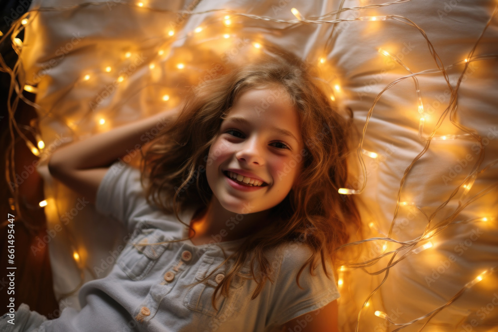Portrait of pretty girl with lights garland.