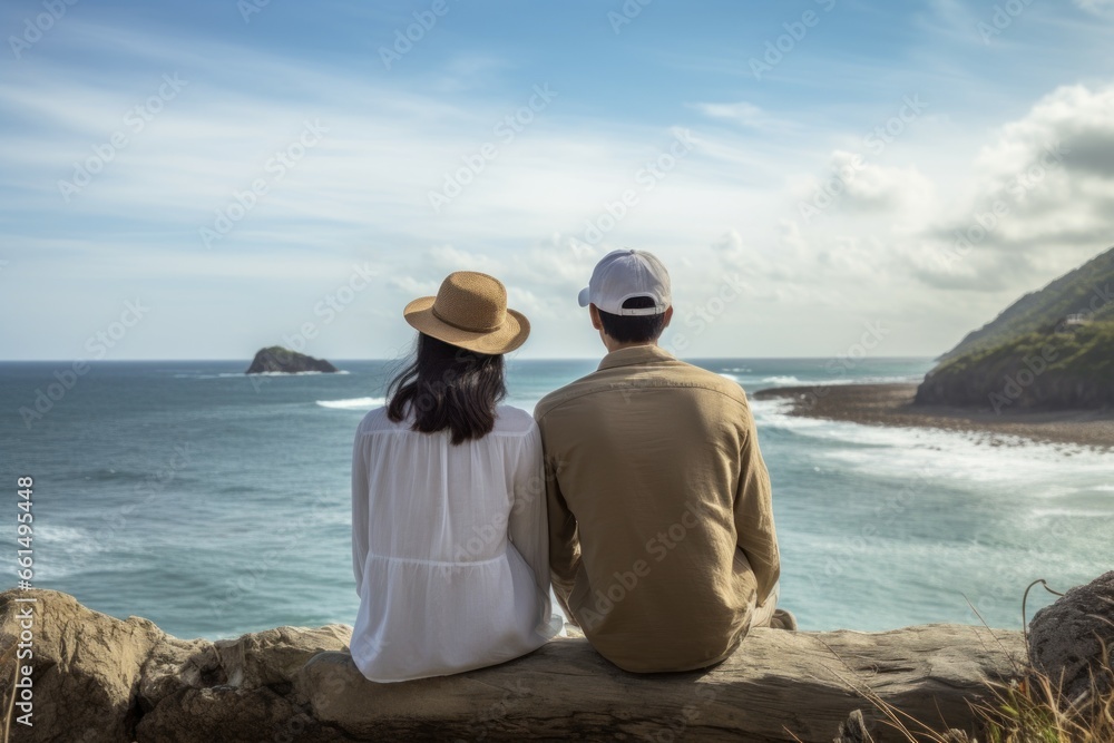Serene Asian couple watch sea banner. Happy life. Generate Ai