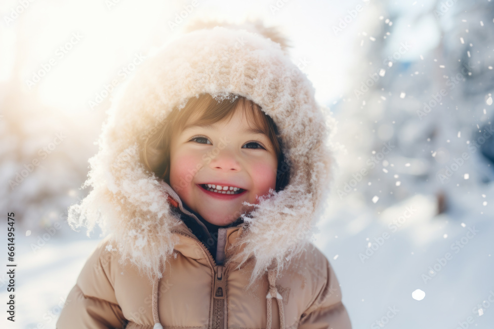 Winter portrait of happy little child in snow. Winter portrait of happy little child in snow.