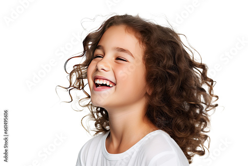 Studio portrait of a cute happy little girl with a beautiful smile isolated on transparent png background.