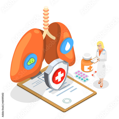 3D Isometric Flat Vector Illustration of Lung Disease, Respiratory System Examination and Treatment. Item 1