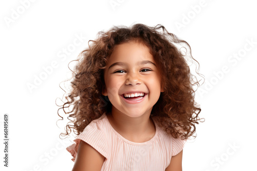 Studio portrait of a cute happy little girl with a beautiful smile isolated on transparent png background.