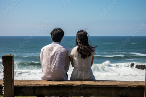 Loving Asian couple watch sea banner. Happy life. Generate Ai