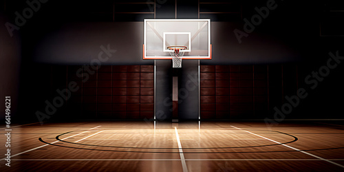 Professional basketball court with transparent backboard and red hoop and wooden parquet on floor photo