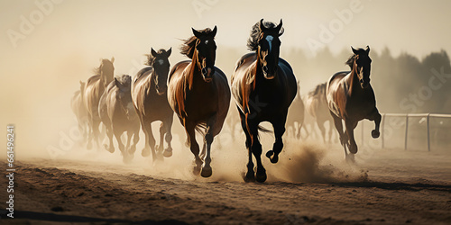 Group of brown thoroughbred racing horses gallop along dusty ground at ranch outdoor photo
