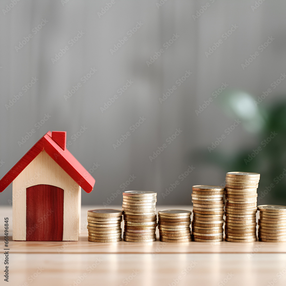 Red graph chart rising up on stack coins and house model on wooden table white wall background. Concept of money management for mortgage loan, fed increase interest rate, real estate price increase Red graph chart rising up on stack coins and house model on wooden table white wall background. Concept of money management for mortgage loan, fed increase interest rate, real estate price increase