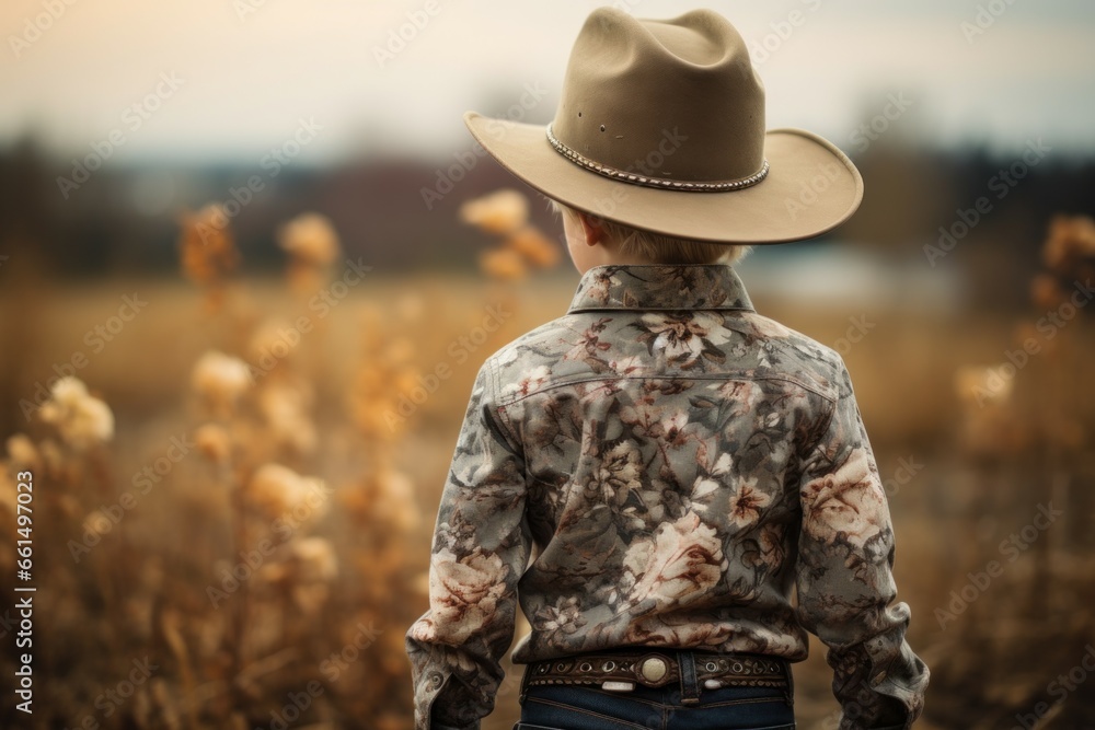 Back view daring cowboy boy. Fashion little hat. Generate Ai