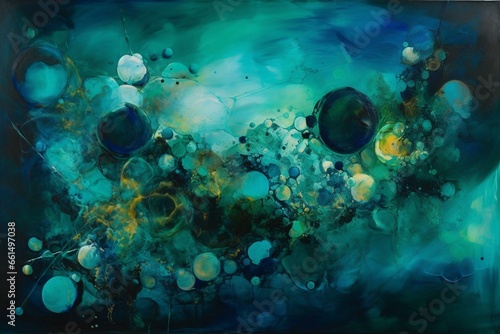 Abstract painting with blue and green colors, bubbles, and a black background. Generative AI © Liam