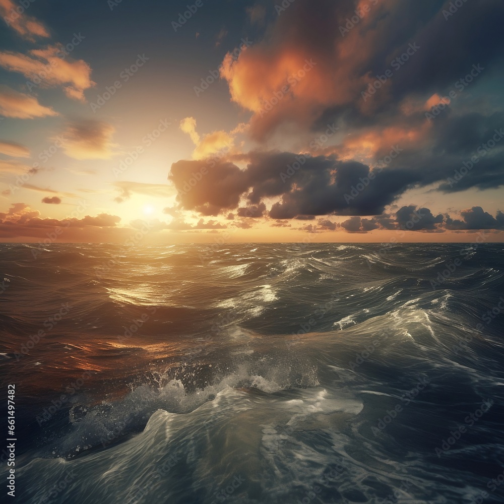 Scenic photorealistic background with sunset and dynamic clouds over the water surface