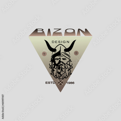 Viking logo design. Nordic warrior symbol. Horned Norseman emblem. Barbarian man head icon with horn helmet and beard. Brand identity vector illustration.