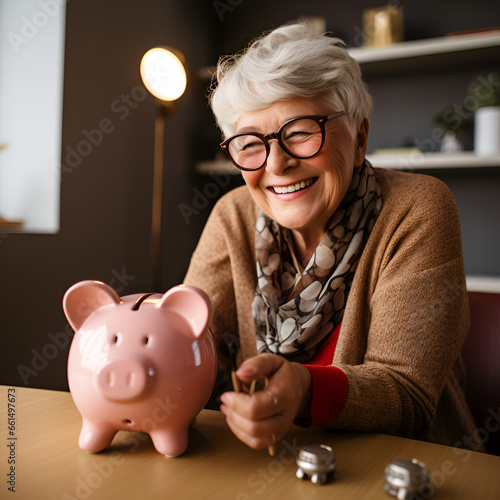 Happy senior woman saving money in piggy bank, Generative AI