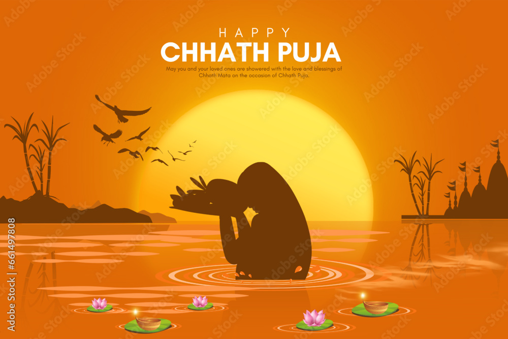 vector illustration of Chhath Puja traditional festival background. Indian Women doing prayer of sunrise and bathing in holy river in Bihar bengal - obrazy, fototapety, plakaty 