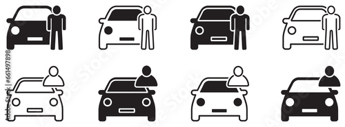 Set of icons car with man. People, cars. Vector illustration.
