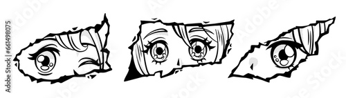 Set of manga girls looking from torn paper, isolated on white background.