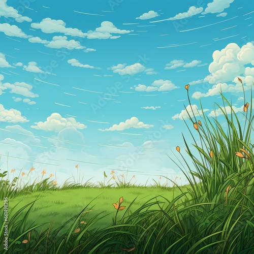 Cartoon style blue sky and grass. Summer field. Flat illustration.