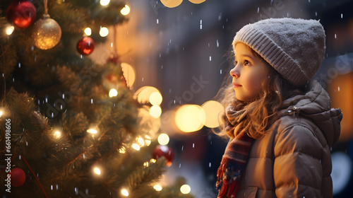 A girl child standing next to a Christmas tree in the city, snow in the city square, christmas market, winter season, happy xmas holidays