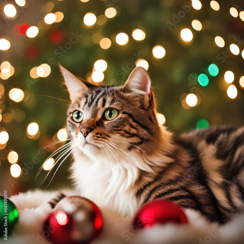 Cute tabby cat with Christmas ornaments and bokeh holiday lights